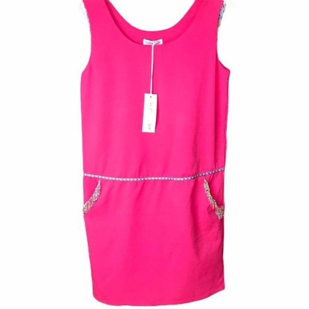 NWT La P'tite Etoile Paris Hot Pink Beaded Drop Waist Pocket Shift Dress Sz.M/L